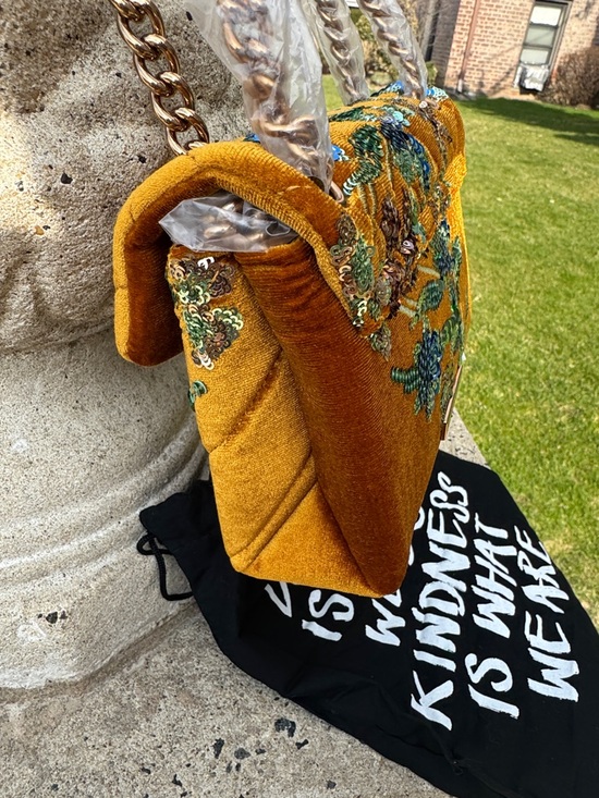 Kurt Geiger Mustard Gold Quilted Velvet Crossbody with Blue Sequin Floral - Picture 6 of 9